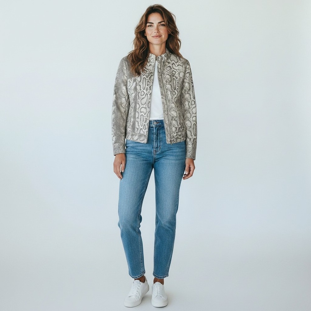 Ruby Rd Petite Womens 12P Snakeskin Print Full Zip Mock Neck Jacket Grey White